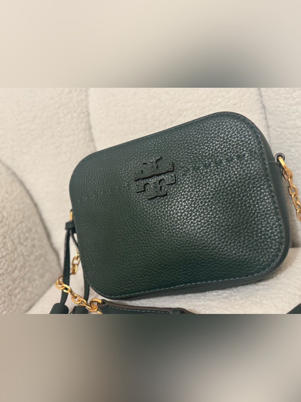 Tory Burch Dark Green Pebbled Leather Crossbody with Gold Chain